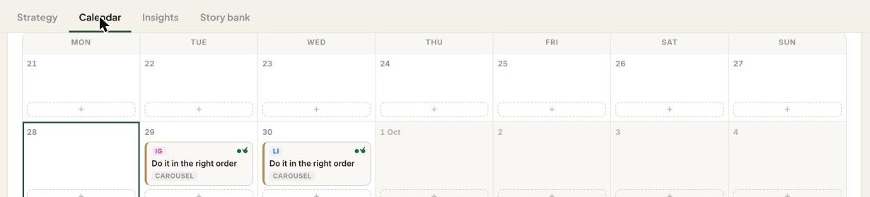 A client's Content HQ calendar with her first posts scheduled